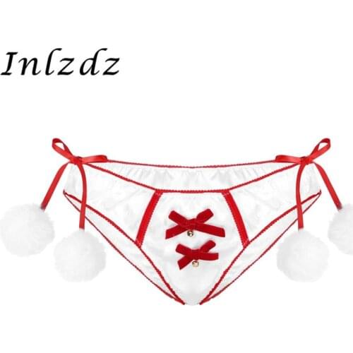 Womens Ladies Christmas Satin Lingerie Thong Briefs Elastic Waistband Underwear Front Bowknot Bell Side Fuzzy Ball Decor Panties
