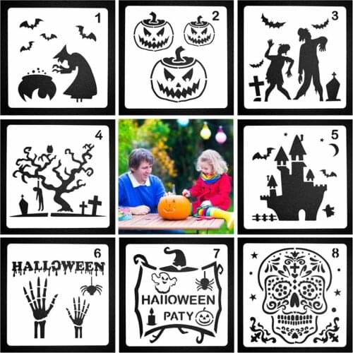 8pcs DIY Craft Halloween Pattern Embossing Scrapbook Painting Template Stencil For Handmade Gifts Tool Set