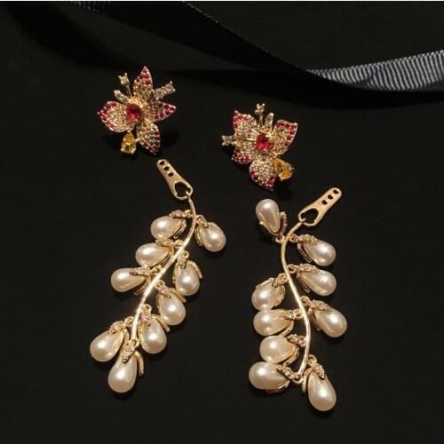 Bilincolor fashion luxury cubic zircon flower with cluster of white pearl drop earring sets for women for two wearing ways