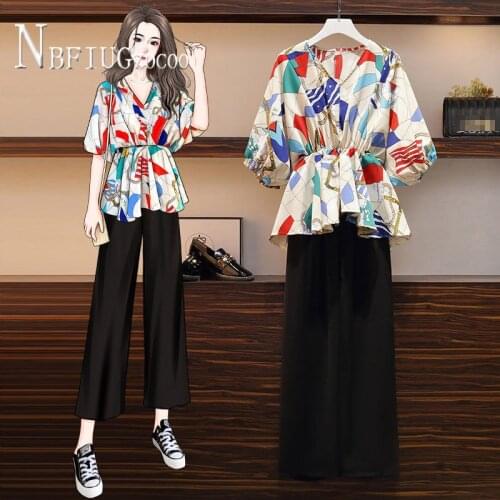 Fat Sister Elastic Waist Blouse And Pants Women Sets 2 Styles Can Choose Female Sets