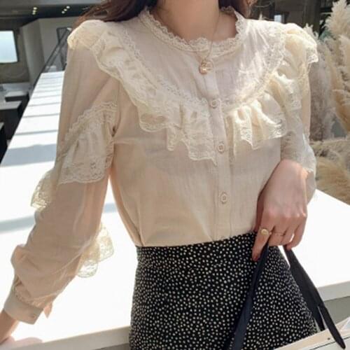 Womens Tops and Blouses 2021 Cotton Linen Blouse Button Solid Stand Collar Ladies Lace Tops Women Shirts