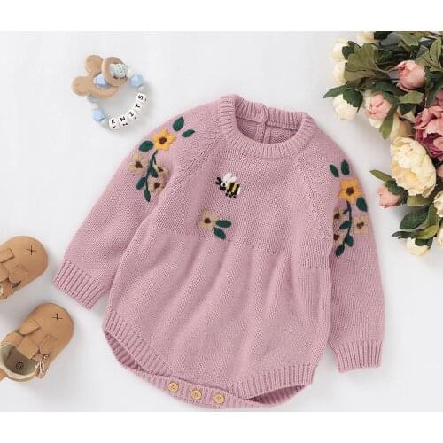 Newborn Baby Bodysuits Long Sleeves Floral Knitted Infant Kids Girls Jumpsuits Tops Autumn Winter Warm Toddler Sweaaters Outfits