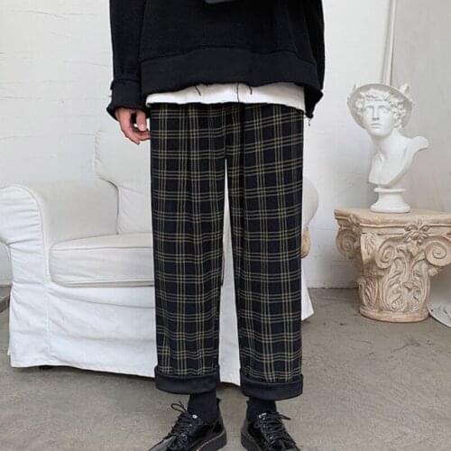 Spring Autumn Plaid Casual Pants Men Korean Fashion Loose Straight-leg Pants Men Harajuku Streetwear Corduroy Ankle-length Pants