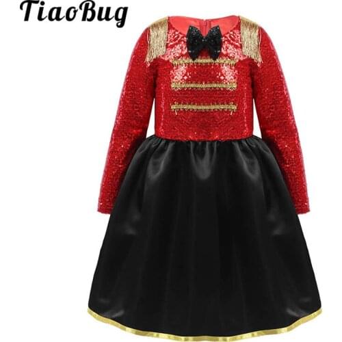 Kids Girls Red Shiny Sequins Long Sleeve Gold Tassel Christmas Dress Halloween Cosplay Birthday Party Ringmaster Circus Costume