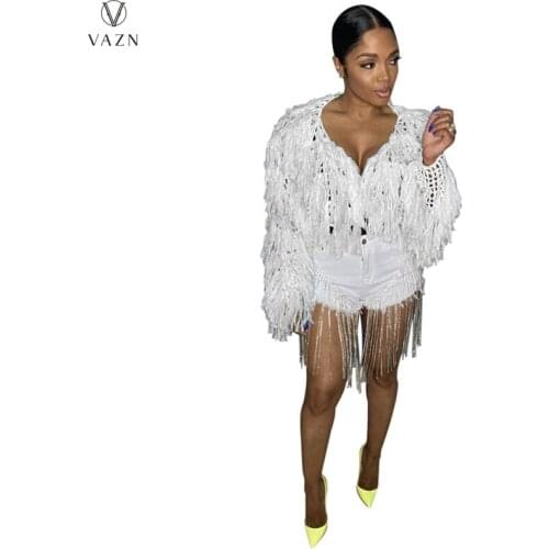 VAZN 2021 Autumn High-end Heavy Industry Tassel Elegant Young Solid Full Sleeve Joker Office Lady Free Women Slim Outwears