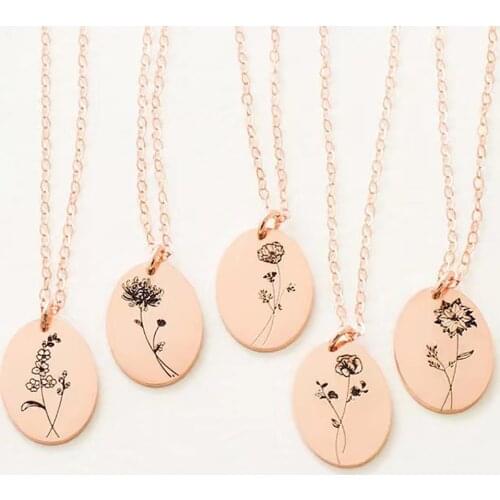 HUHUI Customized Engraved Birth Flower Necklace Personality Round Pendant Stainless Steel Charm Jewelry For Woman Birthday Gift