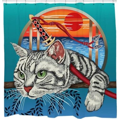 Cool Cat Shower Curtain Set Samurai Kitten Cool Japanese Bathroom Décor