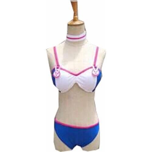 Cute OW Game D.Va Rabbit Bunny Tail Blue & White Striped Lolita Halter Bikini Bra & Panties Set Unique Womens Cotton Under