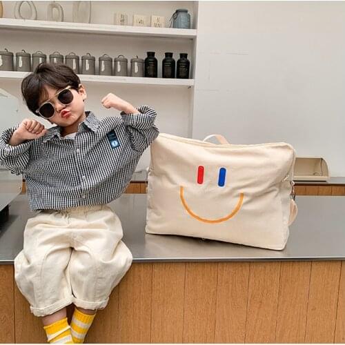 Korean Smiling Face Backpack Large Capacity Canvas Shoulder Bag Kindergarten Pillow Quilt Storage Bag Children Crossbody Bag