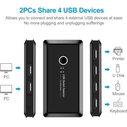USB KVM Switch Box USB 3.0 2.0 Switcher 2 Port PCs Sharing 4 Devices For Keyboard Mouse Printer Monitor With 2 USB Cable