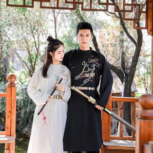 Chinese Style Mens and womens wear Hanfu ancient costume Ming made round collar robe with leather belt embroidery