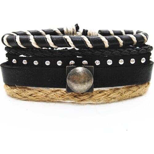 Black Metal Skull Cross Star Wrap Handmade Woven Men Leather Bracelets Women Vintage Bangle Male Rivet Homme Jewelry Accessories