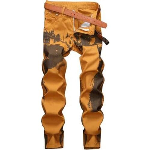 New Mens male painting printed jeans Fashion casual yellow painted slim straight denim pants trousers