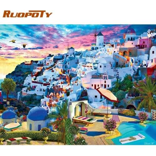 RUOPOTY 60x75cm Frame DIY Painting By Numbers Kits Santorini Landscape Picture By Numbers Handmade Acrylic Paint Artwork