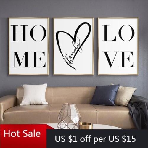 Scandinavian Style Home Love Black and White Canvas Painting Wall Art Decor Pictures For Posters Aesthetic Room Decorative