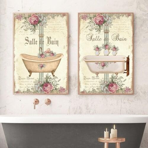Vintage French Style Shabby Victorian Bathtub Canvas Painting Watercolor Floral Bathroom Wall Art Prints Decoration Pictures