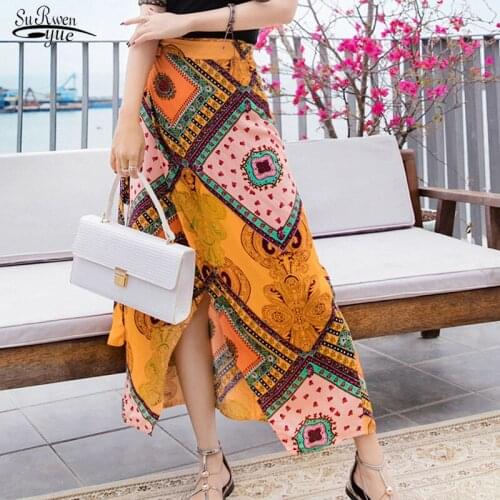 Vintage A-line Skirt 2021 Summer Women Skirt Bohemian Style Holiday Beach Fashion Print Bow Chiffon Chic Women Clothing D786
