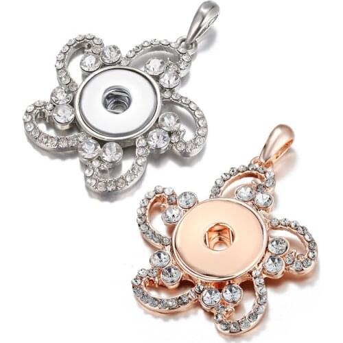 XL0110 Fashion Crystal Hollow Flower Silver plated/Rose golden snap pendant necklace 60cm fit 18mm snap buttons Wholesale