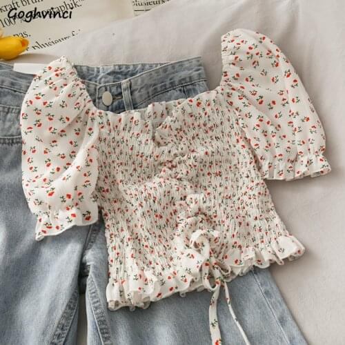 Blouses Shirts Women Floral Drawstrings Ruffles Pleated Slim Tight Sexy Elegant French Ladies Stylish Crop Top Leisure Chic Ins