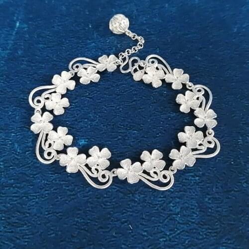 Bastiee Flowers Bangle Hand Chain 999 Sterling Silver Bracelet Luxury Hmong Jewelry Chinese Handmade Ethnic Bracelets For Women