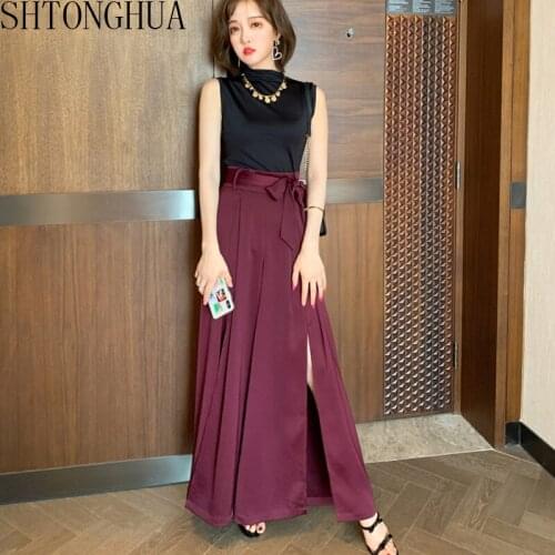 Fashion New 2020 Summer Women Two Piece Stand Collar Sleeveless Shirts Tops + High Waist Lace Up Wide Leg Pants Suits