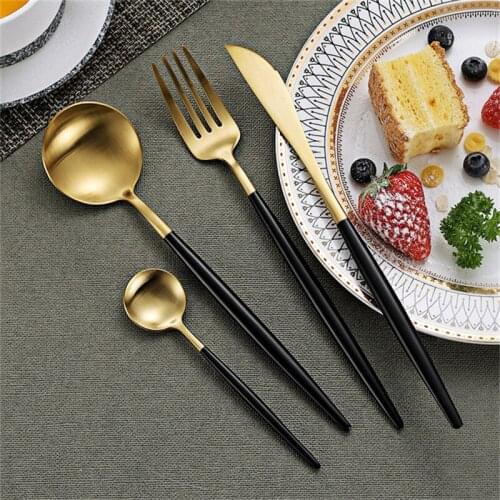 Gold and black 304 Stainless Steel Western Silverware Cutlery Set Noble Fork Knife Dessert Dinnerware Kitchen Food Tableware