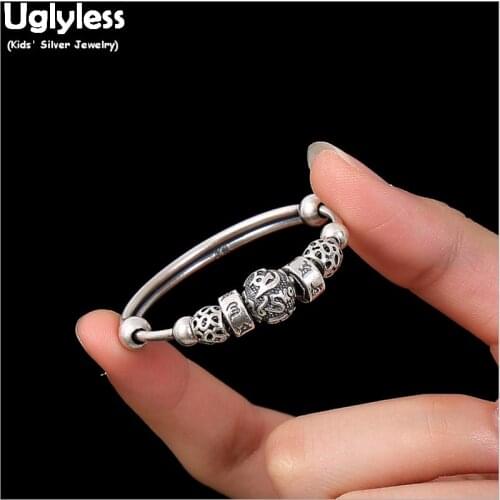 Uglyless 1Pair Buddhism Six-word Beads Bracelets for Childrens Gifts Luxury 99% Full Silver Bangles Push-pull Adjustable Bangle