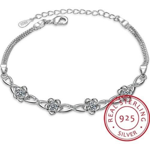 925 Sterling Silver Charm Bracelets White Zirconia Plum Flower Bracelets & Bangles For Women Fine Jewelry Pulseira Party Gift