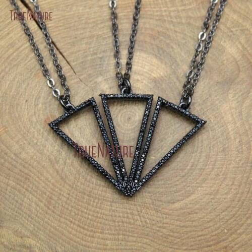 Black Zircon Beads Micro Pave Triangle Inverted Charm Gunmetal Finish Long Copper Chains For Women In 18 Inch NM10372