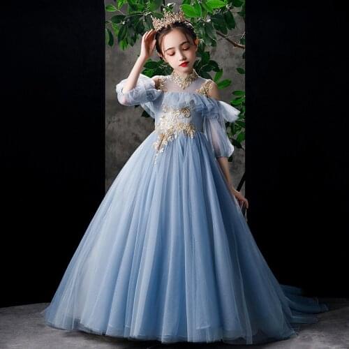 Baby Girl Blue Tailing Long Party Dresses Children Fluffy Yarn Flower Piano Performance Evening Formal Elegant Dress