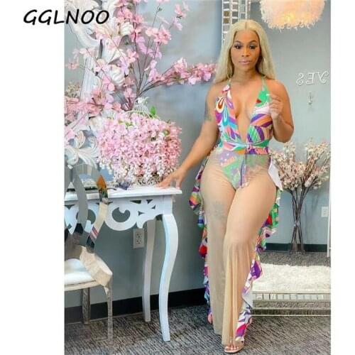GGLNOO Women Set Print Elastic Bodysuit Mesh See Through Loose Wide Leg Long Pants Two Piece Sets Tracksuit Outfit Swimsuit suit