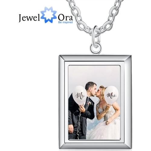 JewelOra Customized Photo Necklace Rectangle Pendant Engrave Name Wedding Photo Jewelry Stainless Steel Simple Gift for Women