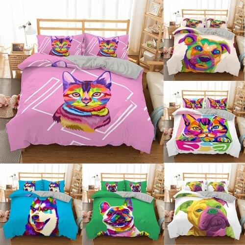 3D Lovely Cute Dog Bedding Set Pug Husky Cat Animal Cartoon Duvet Cover Set Pillowcase King Queen Size Kids Bed Linen Bedcloth