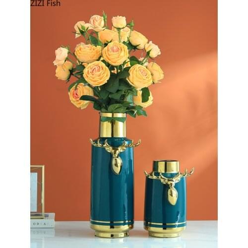 Creative Golden Elk Ceramic Vase Fine Gold-plated Border Flower Arrangement Vase Living Room Bedroom Decoration Ceramics Crafts