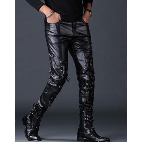 Mens Skinny Straight Leg Tapered Pu Faux Leather Motorcycle Biker Pants Rock Punk Hip Hop Workwear Pants,Dance Costumes