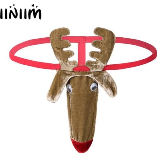 Men Lingerie Christmas Underwear Reindeer Pattern Bulge Pouch Bikini G-String Open Butt Honeymoon Underwear Sexy Gay Panties