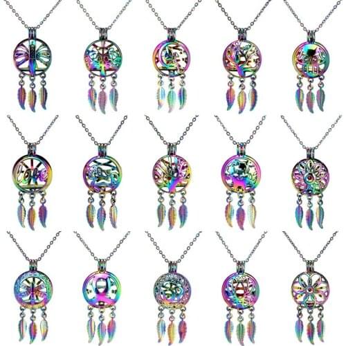 Rainbow Color Dream Catcher Beads Cage Pendant Aromatherapy Pearl Cage Locket Necklace