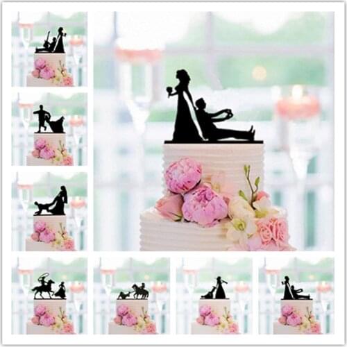 Mixed Funny Style Wedding Cake Topper Black Acrylic Bride and Groom Silhouette Cake Toppers for Cake Decorating