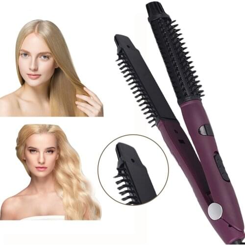 Portable 2 in 1 Hair Straightener Brush & Curling Iron Comb Ceramic Styler Hair Wand Iron Ionic Fast Heating Volumize Flat Irons