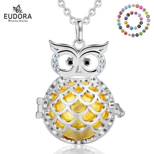 Eudora Pregnancy Jewelry Shiny Crystal Owl Animal Locket Cage Pendant fit 20mm Colorful Mexican Ball Harmony Bola Ball Pendant