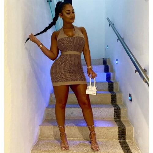 SKMY 2021 Summer New Printed Patchwork Dress Halter Neck Backless Sexy Nightclub Bodycon Mini Dress Party Women Clothing