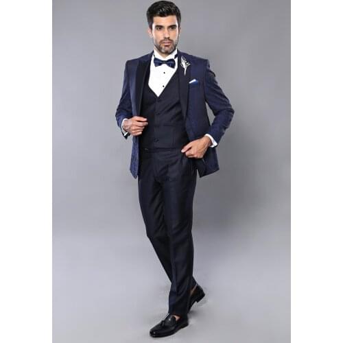 Vested Patterned Navy Blue Suit Wessi