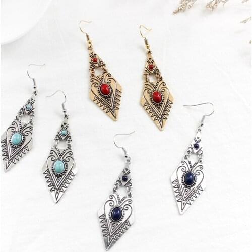 Triangle Geometry Rhombus Pendant Earrings Natural Stone National Wind Vintage Totem Carved Earrings Feminine Glamour Jewelry