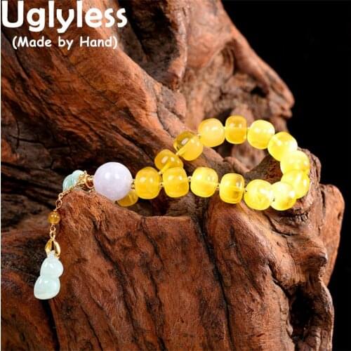 Uglyless Elastic Rope Luxury Natural Chicken Oil Beeswax Amber Bracelets Women Jadeite Gourd Tassels Jewelry 925 Silver Bracelet