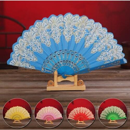 Chinese Style Folding Fan Lace Silk Flower Hand Held Foldable Fans Wedding Party Dance Props Decorative Fan