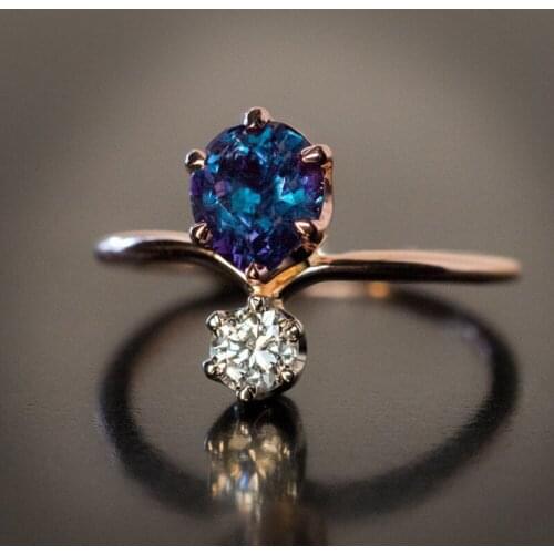 Vintage Rose Gold Color Wedding Ring Luxury Female Blue Round Crystal Rings For Women Trendy Zircon Stone Thin Engagement Ring