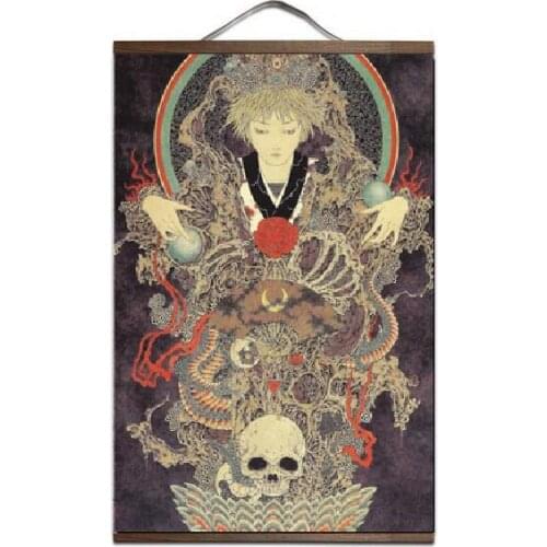 Japan Style Skull Art Print canvas Poster Canvas Scroll Painting with wood