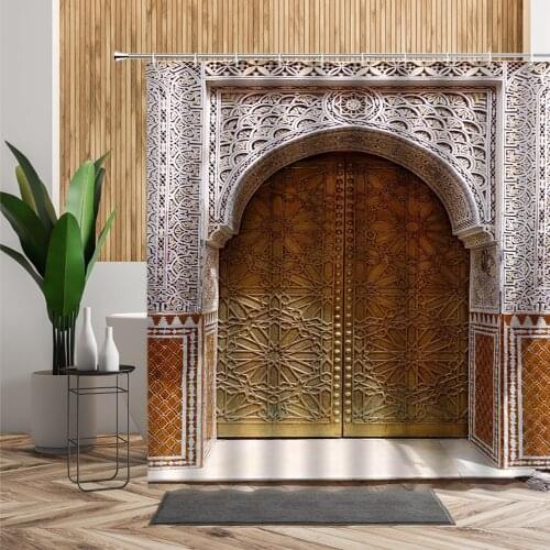 3D Moroccan Shower Curtain Yellow Arched Door Retro Wooden Doors Home Decor Background Waterproof Bath Curtains Set With Hooks