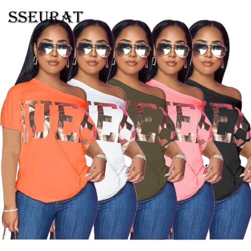 SSEURAT Women T-shirts Letter Print short Sleeve Pullover Loose T-shirts Female High Street Casual Fashion Top Tees Summer