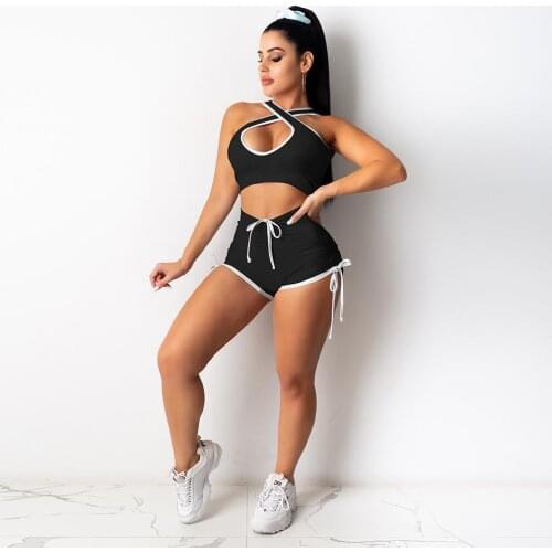 Womens Sportwear Yoga Workout Tracksuit 2PCS Set Crisscross Hollow Out Tank Back Cut Out Crop Top+Drawstring Mini Jogger Shorts